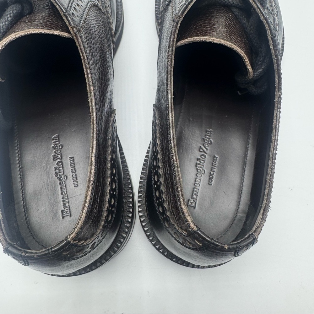 Ermenegildo Zegna Black Pebbled Leather Wingtip Derby Shoe US 9 EU 42 Dark Brown - Picture 7 of 9